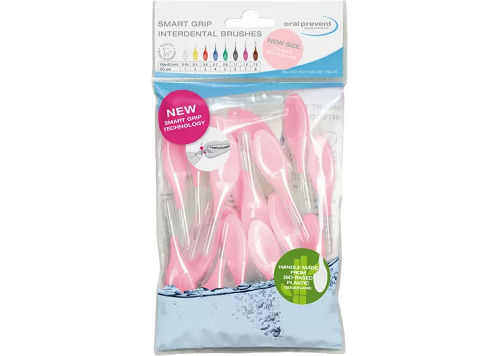 Oral Prevent Smart Grip Interdental Brush Biobased-Plastic Sugarcane 0.40mm Pink ISO Size 0 Bag of 24 product image