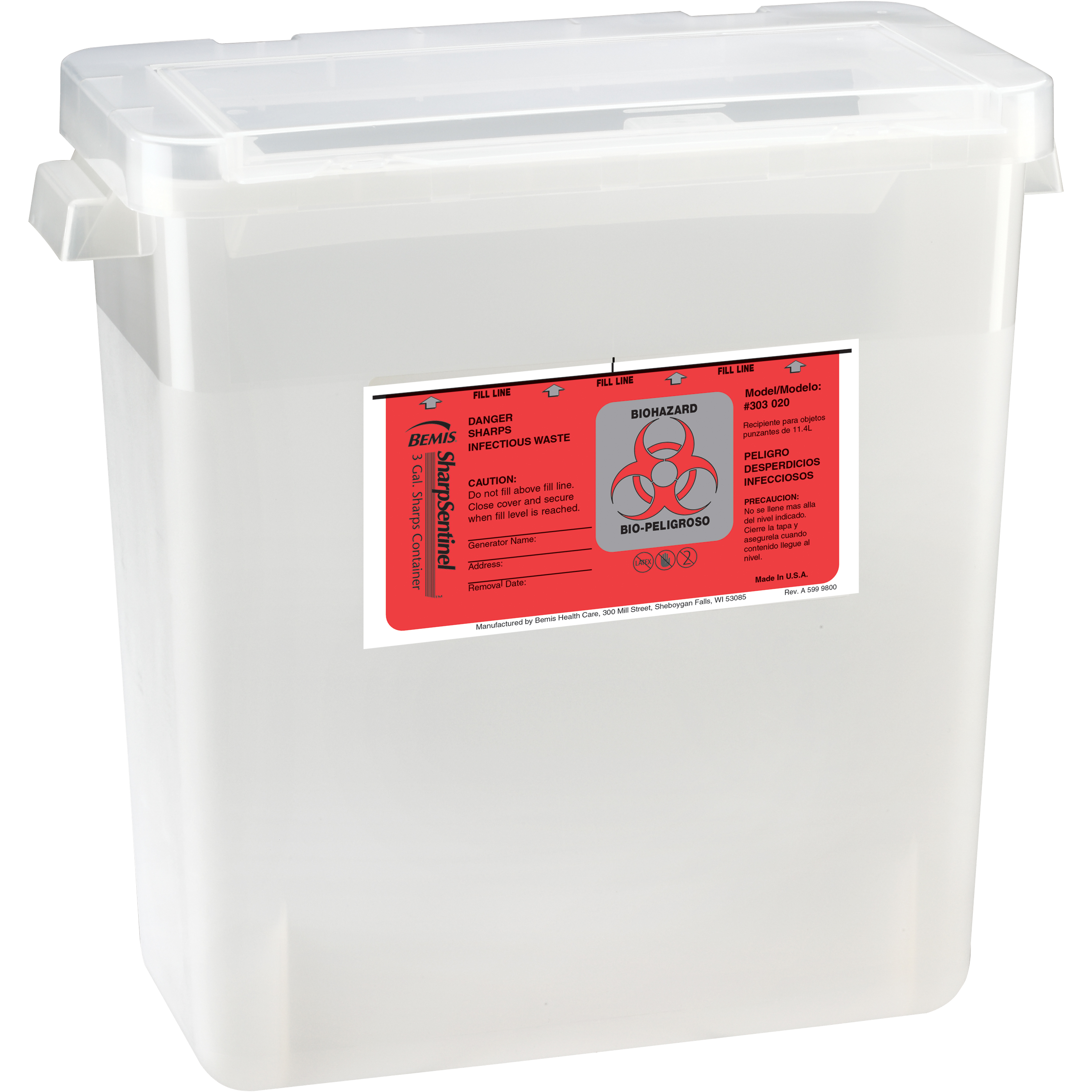 Sentinel Sharps Container 3gal Translucent Beige 13-7/8x6-7/8x13-1/2 Plstc 12/Ca thumbnail 3