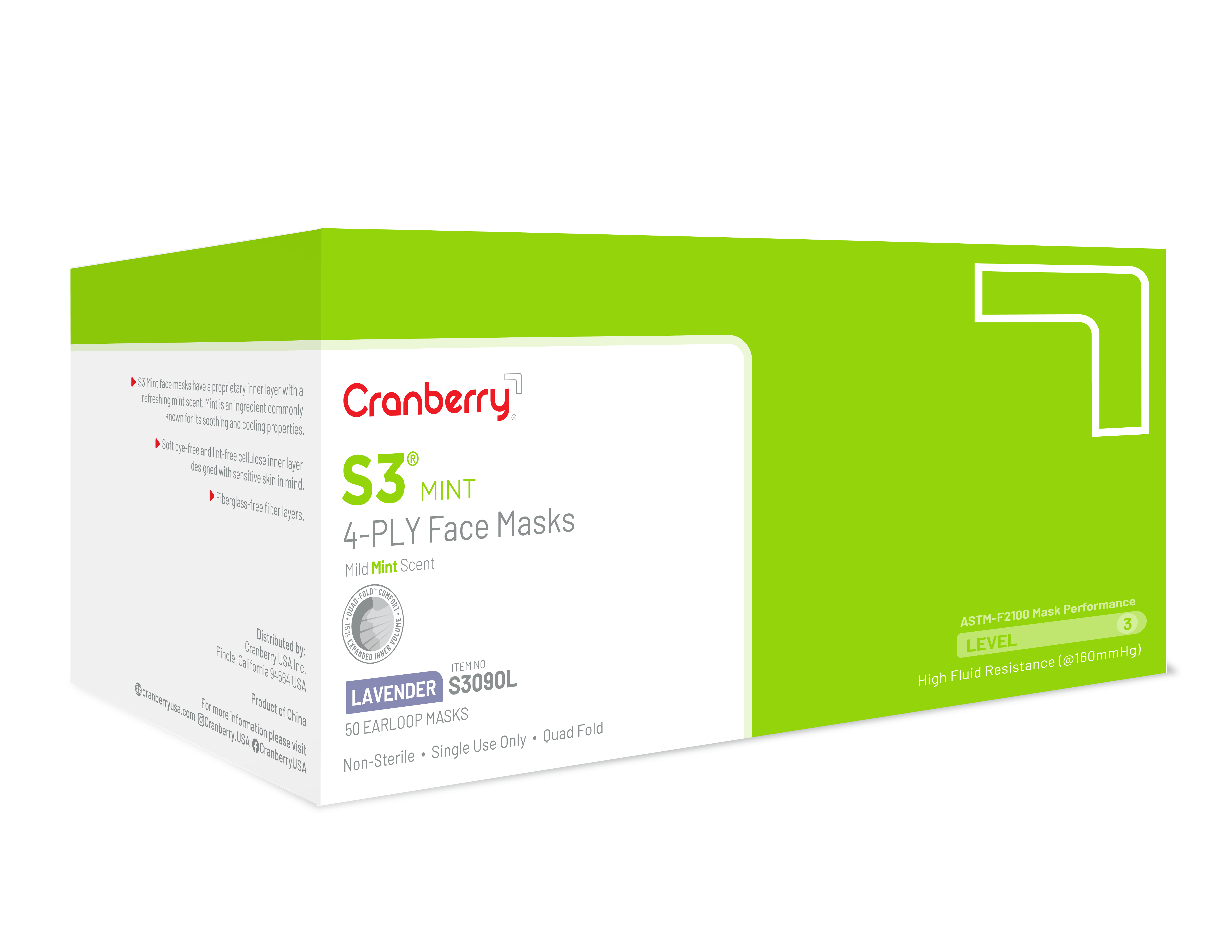 Cranberry S3 Mint Premium Face Mask 50/Box Lavender ASTM Level 2 thumbnail 12