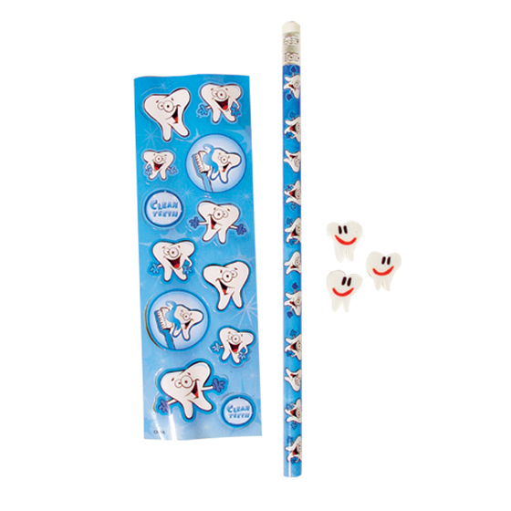 Stationery Set Tooth Blue / White With 1 Pencil 12 Stickers & 3 Erasers 72/Pk product image