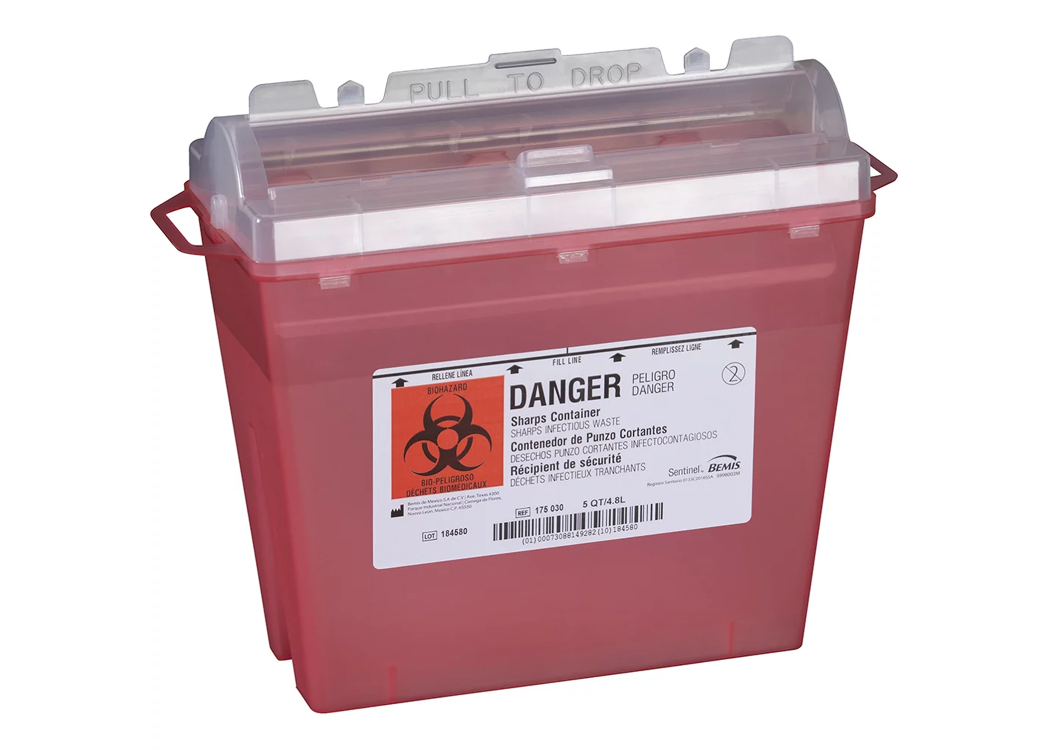 Sentinel Sharps Container 5qt Translucent Red 11x5-1/4x10" Cylndr Tp Plstc Ea thumbnail 2